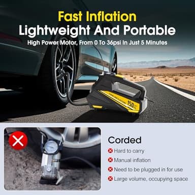 FLYKID Tire Inflator Portable Air Compressor - DC 12V Air Pump for Car Tires with 150PSI LCD Digital Gauge & Emergency LED Light,Auto Tire Pump for Cars,Motorcycles,Bikes,Balls (Large) - Image 2