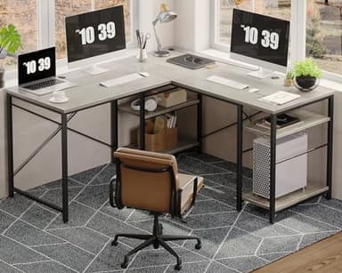 Bestier L Shaped Desk, 95.2 Inch Reversible Corner Computer Desk with Shelves, 2 Person Long Table for Home Office, Large Writing Storage Workstation with 3 Cable Holes, Rustic Brown, Grey Oak - Image 3