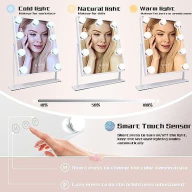COOLJEEN Vanity Mirror with Lights, 9 Led Bulbs Lighted Makeup Mirror with Detachable 10X Magnification Mirror, Hollywood Mirror 3 Color Lights Tabletop Makeup Mirror, 360°Rotation - Image 3