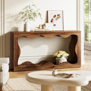 LITTLE TREE 63-Inch Entryway Table, Chic Design, Farmhouse Sofa Table Behind Couch, Scalloped Console Table with Build-in Storage Space for Entryway, Living Room, Hallway - Image 2