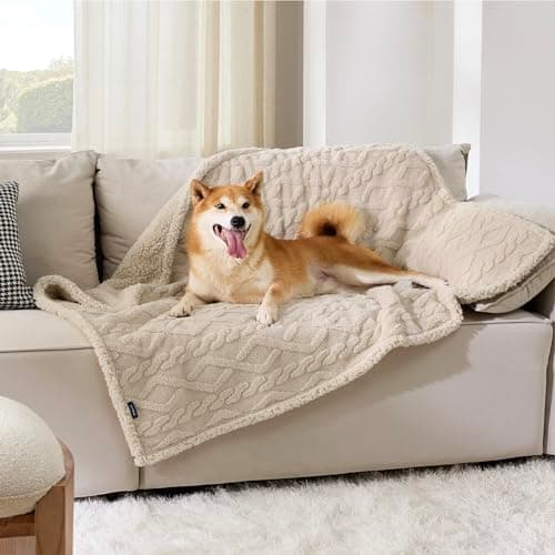 Bedsure Waterproof Dog Blankets for Large Dogs - Pet Blanket for Couch Protector Washable, Premium Jacquard Coral Fleece Cat Throw Blanket, Soft Plush Reversible Furniture Protection, 40"x50", Cream - Image 1