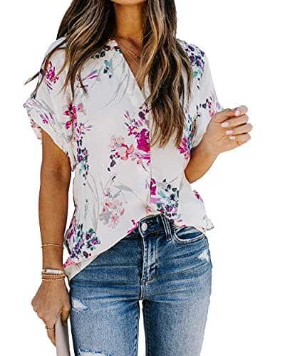 Allimy Womens Fashion 2025 Blouses Dressy Summer Casual Short Sleeve Tops Shirts Purple Medium - Image 1