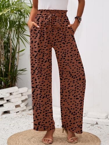 Heymoments Women's Wide Leg Lounge Pants with Pockets Coffee Leopard Medium Lightweight High Waisted Adjustable Tie Knot Loose Comfy Casual Trousers - Image 2