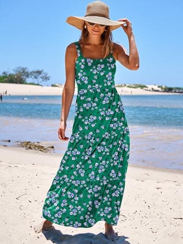 ANRABESS Women's Summer Casual Long Maxi Beach Vacation Dresses Sleeveless Square Neck Flowy Tiered Sun Dress with Pockets Green Purple Floral Small - Image 2