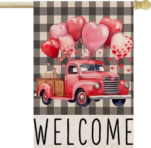 FUYUCHEN Valentines Day House Flag 28x40 Inch Double Sided Outside Buffalo Plaid Welcome Love Hearts Balloon Truck for Rustic Anniversary Wedding Holiday Outdoor Yard Decoration - Image 1