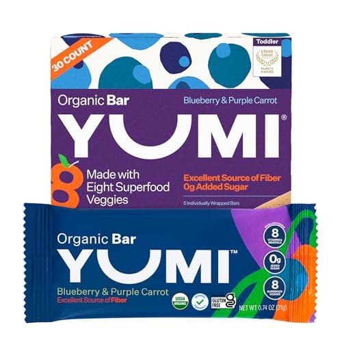 Yumi Organic Toddler Snacks Bars - Gluten-Free, No Added Sugar, 7+ Vegetables, Soft-Baked Crust, Yumi Bars Healthy Toddler Organic Snacks - School Safe and for Lunch Boxes, Blueberry & Purple Carrot (30ct.) - Image 1