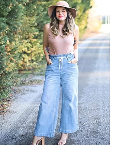 GRAPENT Women's Elastic Waist Jeans High Waisted Jeans for Women Stretchy High Waisted Flare Jeans for Women Jeans for Women Trendy Color Azure Mood Size 16 Size 18 - Image 7