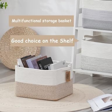 COMFY-HOMI Cotton Rope Woven Basket with Handles for Shelves,Toys,Book, Cloth Storage Baskets for Organizing-13.5" x 11" x 9.5" Toy Decorative Organizer for Living Room, Bathroom (White/Brown) - Image 2