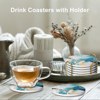 6 Pcs Light Blue Marble Abstract Ceramic Coasters with Holder Best Round Drink Absorbent Coasters for Desk, Lounge, Coffee, Wine, Beverage, Dining Table Decor, Bar Coaster Set - Image 2