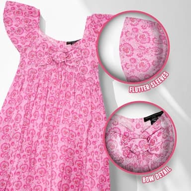 French Connection Girls All Over Print Soft Casual Dress - Flutter Sleeve Floral Print Smocked Summer Sundress with Bow for Kids (Rose, Size 7/8) - Image 2