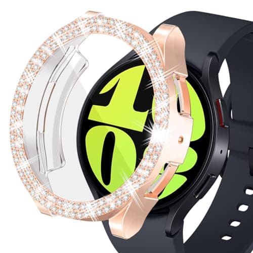 HAJSLU Bling Case Compatible with Samsung Galaxy Watch 6 40mm 44mm Sparkling Double Row Diamonds Flexible TPU Built-in HD Screen Protector Anti Scratch Bumper Cover for Women girls(Rose Gold,44mm - Image 1