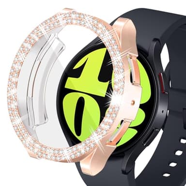 HAJSLU Bling Case Compatible with Samsung Galaxy Watch 6 40mm 44mm Sparkling Double Row Diamonds Flexible TPU Built-in HD Screen Protector Anti Scratch Bumper Cover for Women girls(Rose Gold,44mm - Image 1