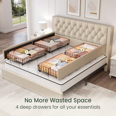 LARMACE King Size Bed Frame with 4 Storage Drawers and Tufted Headboard Linen Upholstered Platform Bed Frame with Heavy Duty Wood Slats, No Box Spring Needed, Easy Assembly, Beige - Image 4