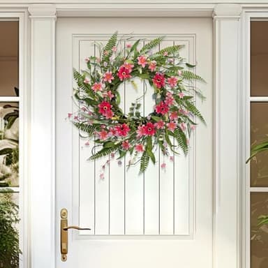 24" Artificial Spring Wreaths for Front Door, Handmade Pink Daisy Flower, Summer Large Wreath for Festival Wall Window Porch Patio Garden Farmhouse Decor - Image 5