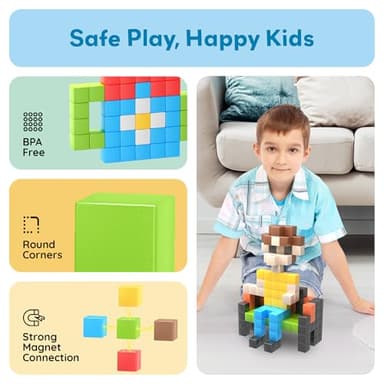 PicassoTiles 108pcs 1” Magnetic Puzzle Cubes Magnet Toys Preschool Construction Building Block Set Sensory Toy Early Education STEM Learning Come with Ideabook for Children Age 3+ Boy Girl PMC108 - Image 7