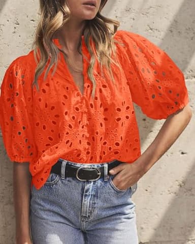 PRETTYGARDEN Women's Summer Tops 2025 Dressy Casual Short Sleeve V Neck Buttons Hollow Out Lace Embroidered Blouses Shirts (Orange,Large) - Image 5