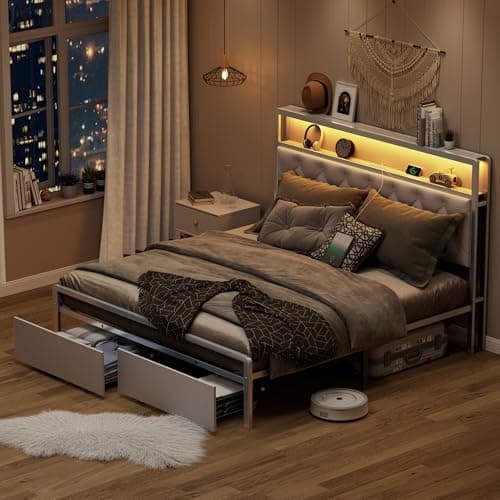 Queen Bed Frame,Bed Frame Queen Size with Headboard and Storage Shelves,Metal Platform Bed Frame with 2 Drawers & Charging Station & LED Lights,Noise-Free/Metal Slats Support/No Box Spring Needed,Grey - Image 1