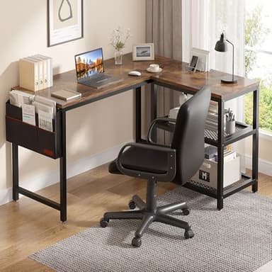 VECELO L Shaped Desk, 49 Inch Computer Gaming Study Writing Table, Home Office Workstation with Storage Shelves & Bag - Image 4