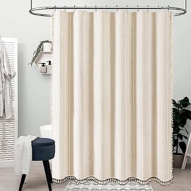 BTTN Boho Farmhouse Shower Curtain, Linen Rustic Weighted Striped Cloth Shower Curtain Set with Tassel, Water Repellent, Bohemian Vintage Country Fabric Shower Curtain for Bathroom, Cream/Beige, 72x72 - Image 2