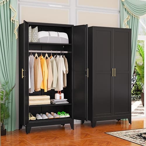 GAIOUS Metal Wardrobe Cabinet with Hanging Rod, 71" Metal Clothing Storage Cabinets with 2 Doors and Adjustable Shelves, Black Armoire Wardrobe Closet for Bedroom, Laundry Room, Cloak Room - Image 1