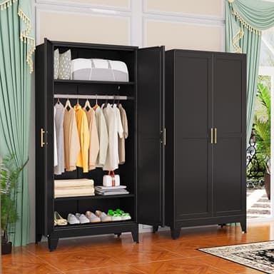 GAIOUS Metal Wardrobe Cabinet with Hanging Rod, 71" Metal Clothing Storage Cabinets with 2 Doors and Adjustable Shelves, Black Armoire Wardrobe Closet for Bedroom, Laundry Room, Cloak Room - Image 1