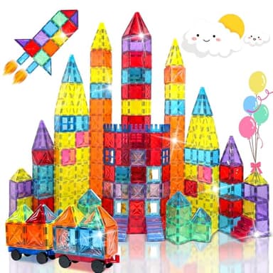 Magnetic Tiles, 100PCS Kids Magnetic Blocks Toy Set, Magnet Tiles 3D Clear Building Blocks Set with 2 Cars, STEM Sensory Educational Toys Gift for Toddlers Boys 3 4 5 6 7 8 9 - Image 1