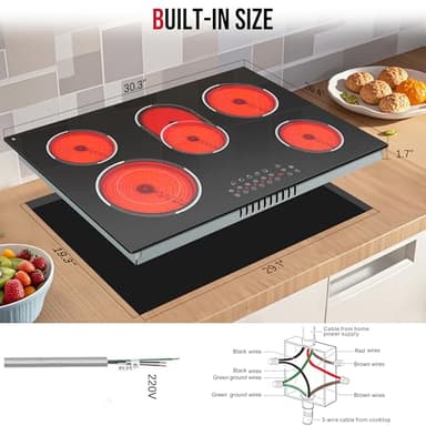 Traenvir 30 Inch Electric Cooktop, Built-in 5 Burner Electric Stovetop 8400W, 30" Glass Ceramic Cook Top with Expanded Zone, Child Safety Lock, Timer, Pause Control, 220V - 240V Hard Wire, No Plug - Image 7