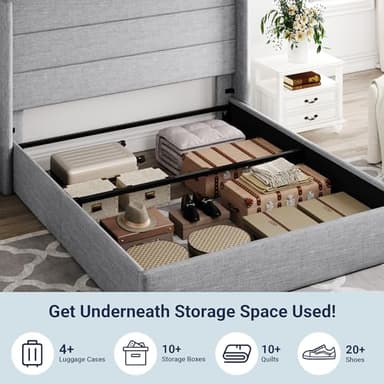 Allewie Queen Size Lift Up Storage Bed, Modern Wingback Headboard, Hydraulic Support, No Box Spring Needed, Light Grey - Image 3