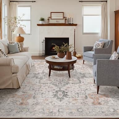 GENIMO 8x10 Area Rugs for Living Room, Machine Washable Non Slip Vintage Rugs, Low Pile Lightweight Chenille Print Rug for Bedroom, Dining Room, Home Office, Light Taupe Brown - Image 9