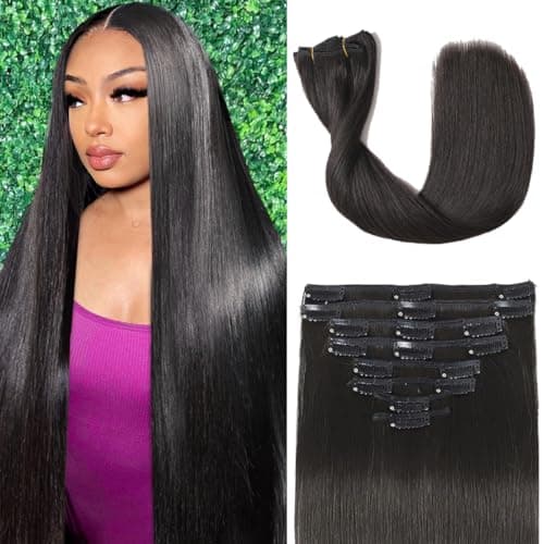 Tebelove Clip in Hair Extensions Real Human Hair, 100g/3.6oz, Clip in 100% Brazilian Remy Human Hair Extension for Women, Double Weft 8pcs Per Set with 18 Clips 1B Natural Black 16 Inch - Image 1