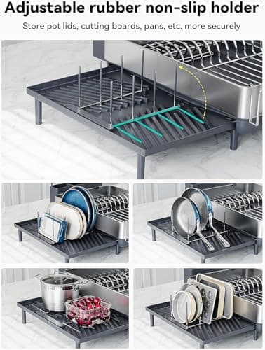 SUNLY Large Dish Drying Rack, Expandable Dish Racks for Kitchen Counter, Space Saving 304 Stainless Steel Drying Rack Kitchen, Extra Large Drainer with Multifunctional Flip Up Pegs, Gray - Image 3