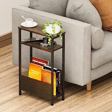 THUMEYE 7.1" Narrow Side Table for Small Spaces, 3 Tier Small End Table with Magazine Holder, Slim/Skinny Nightstand/Bedside Table for Living Room, Bedroom, 15.4" L x 24.2" H - Image 2