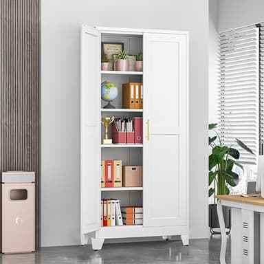 GAIOUS 71" Tall Metal Storage Cabinet with 2 Doors and 4 Adjustable Shelves, Kitchen Pantry Cabinet White Freestanding Cupboard, 5 Tier Multifunctional Steel Storage for Office, Kitchen, Dining Room - Image 3