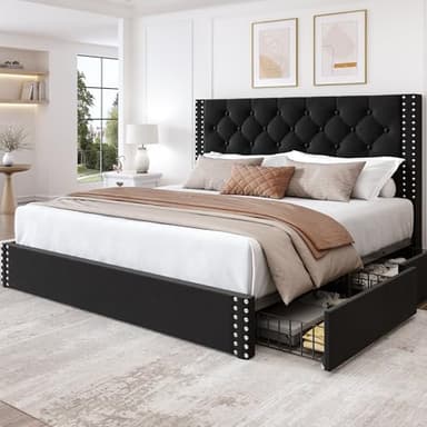 LARMACE Queen Size Platform Bed Frame with 4 Storage Drawers and Tufted Headboard Velvet Upholstered Bed Frame with Heavy Duty Wood Slats, No Box Spring Needed, Easy Assembly, Black - Image 1