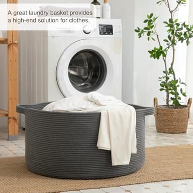 OIAHOMY 90L Large Blanket Basket with Handle, Blanket Storage for Living Room 23" x 23" x 13", Laundry Basket for Blankets, Pillows, Large Woven Rope Baskets for Kids, Dogs Toys - Grey - Image 4