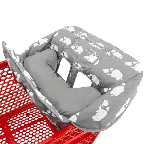 Soft Pillow Attached 2-in-1 Shopping Cart and High Chair Cover for Baby, Cotton Padded Cart Cover, Fold'n Roll Style, Portable with Carry Bag (Gray Elephant) - Image 1