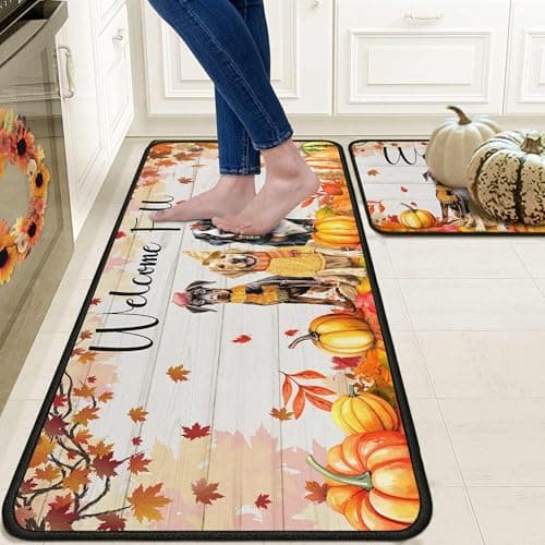 OUXIOAZ Welcome Fall Pumpkin Decorative Kitchen Rugs Set of 2, Autumn Pet Pumpkin Kitchen Mats Decor Dog Lover Gifts, Maple Leaves Thanksgiving Kitchen Mat 17"x47"+17"x30" - Image 1
