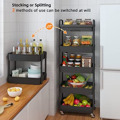 Calmootey 5-Tier Rolling Utility Cart with Drawer,Multifunctional Storage Organizer with Plastic Shelf & Metal Wheels,Storage Cart for Kitchen,Bathroom,Living Room,Office,Black - Image 7