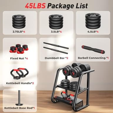 Adjustable dumbbell set, 45lbs Free Weights set with upgraded nut, 5 in 1 Weight Set Used as Kettlebells, Barbell, Push up Stand, Fitness Exercise for Home Gym Suitable Men/Women - Image 9