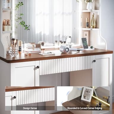 Makeup Vanity Desk with Mirror and Lights, Makeup Vanity Table with Power Outlet, Dressing Table with Storage, Adjustable Shelves, Touch Control – Elegant Retro Design, White Vanity Desk with Lights - Image 4