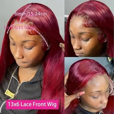 Fiumer Burgundy Wig Human Hair 28inch 13x6 HD Transparent Lace Straight 99J Red Human Hair Wig Colored Reddish Brown Lace Frontal Wigs 180% Density Pre Plucked - Image 2
