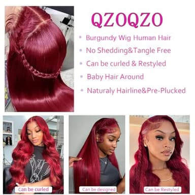 QZOQZO 99J Burgundy Lace Front Wigs Human Hair 13x6 HD Transparent Body Wave Lace Front Wigs Pre Plucked 99j Burgundy Red Wine Glueless Human Hair Wigs for Women Reddish Brown 180% Density 30 Inch - Image 3