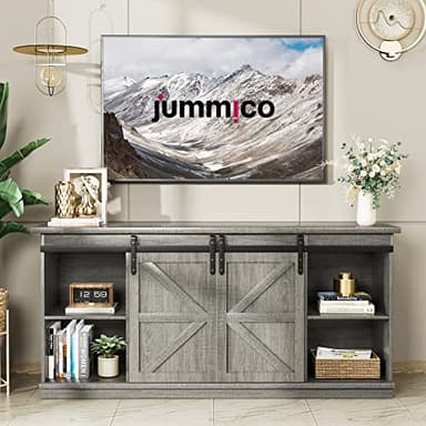 JUMMICO TV Stand for 65 Inch TV, Entertainment Center with Storage Cabinets and Sliding Barn Doors, Mid Century Modern Media TV Console Table for Living Room Bedroom (Pale Gray) - Image 2