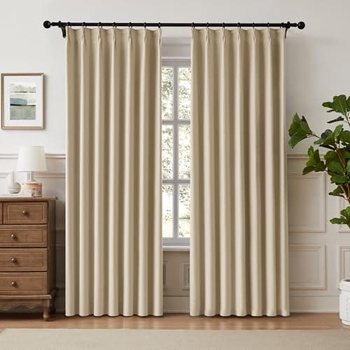 FAPLIGLISY Beige Blackout Pinch Pleat Curtains - Linen Textured Waffle Weave, Thermal Insulated Energy Saving, Easy to Hang Back Tab Track Drapes - 2 Pcs 40"Wx95"L Each Panel for Bedroom & Living Room - Image 1