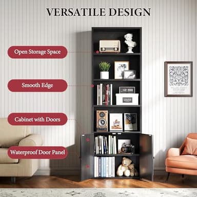 oneinmil 71.5" Tall Bookshelf and Bookcase, 6-Tier Wooden Bookshelves with Cabinet Doors, Floor Bookshelves and Office Storage Cabinets for Home Office, Living Room (Black 1 Pack, 6-Tier) - Image 6