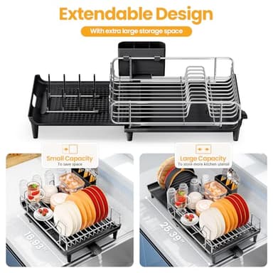 TOOLF Expandable Dish Rack, Dish Drying Rack for Kitchen Counter, Foldable Dish Dryer Rack, Stainless Steel Dish Drainer Racks with Cutlery Holder, Collapsible Dish Drying Racks Large Size,Black - Image 3