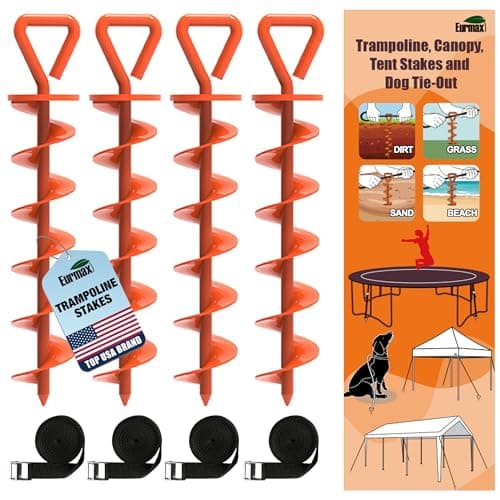 Eurmax USA Trampoline Stakes Heavy Duty Trampoline Parts Steel Stakes Anchor Kit for Trampolines Canopy Anchor Dog Tie Out Stakes -Set of 4 Bonus 4 Strong Belt(Orange) - Image 1