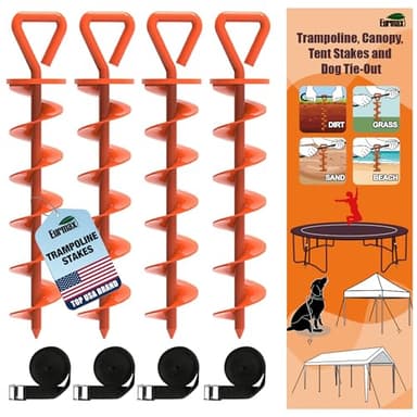 Eurmax USA Trampoline Stakes Heavy Duty Trampoline Parts Steel Stakes Anchor Kit for Trampolines Canopy Anchor Dog Tie Out Stakes -Set of 4 Bonus 4 Strong Belt(Orange) - Image 1