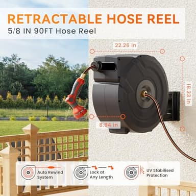 NEOTEC Retractable Garden Hose Reel 5/8 inch x 90ft - Wall Mounted Heavy Duty Hose Reel with 3/4 Inch Brass Fittings & 9-Pattern Nozzle - Auto Rewind System, Any Length Lock, 180° Swivel Bracket - Image 2
