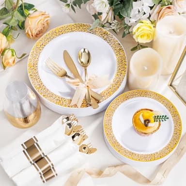 WELLIFE 50 Guests Dinnerware Sets, Gold Plastic Plates,Platos Para Fiestas Elegantes Desechables Include:50 Dinner Plates, 50 Dessert Plate, 150 Pcs Gold Plastic Silverware, 50 Cups for Party - Image 6